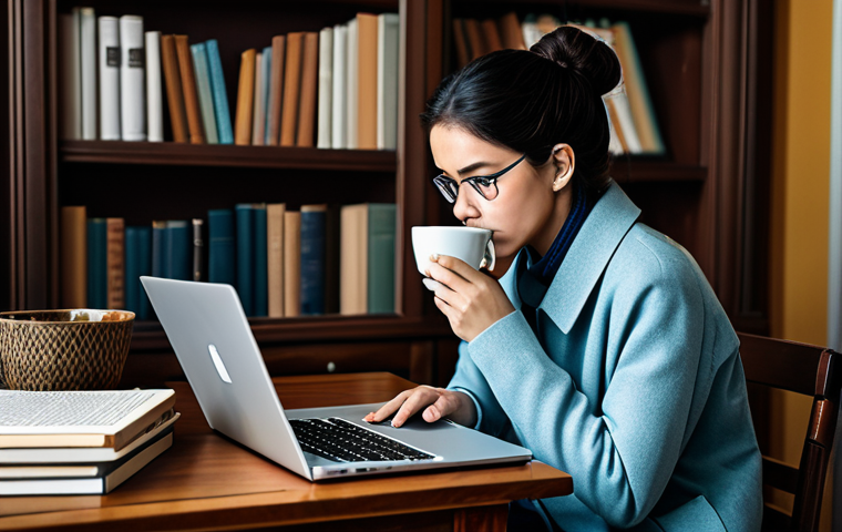 **
A concerned individual meticulously verifying news from multiple sources on a laptop in a cozy, book-filled study. They are using fact-checking websites and critically analyzing information while sipping tea. Fully clothed, safe for work, appropriate content, professional setting, modest attire, family-friendly.
**