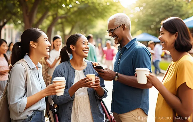 사회적 연결망과 혁신 확산 - **Prompt 1: The Invisible Threads of Social Connection**
    "A vibrant, wide-angle shot of a divers...