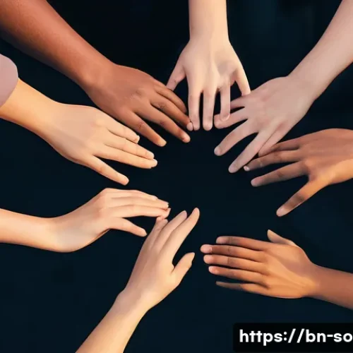 사회적 낙인과 재사회화 - **Prompt:** A diverse group of people, aged 15 and up, stands together, their hands gently interlink...