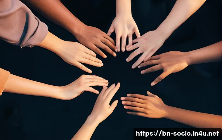 사회적 낙인과 재사회화 - **Prompt:** A diverse group of people, aged 15 and up, stands together, their hands gently interlink...