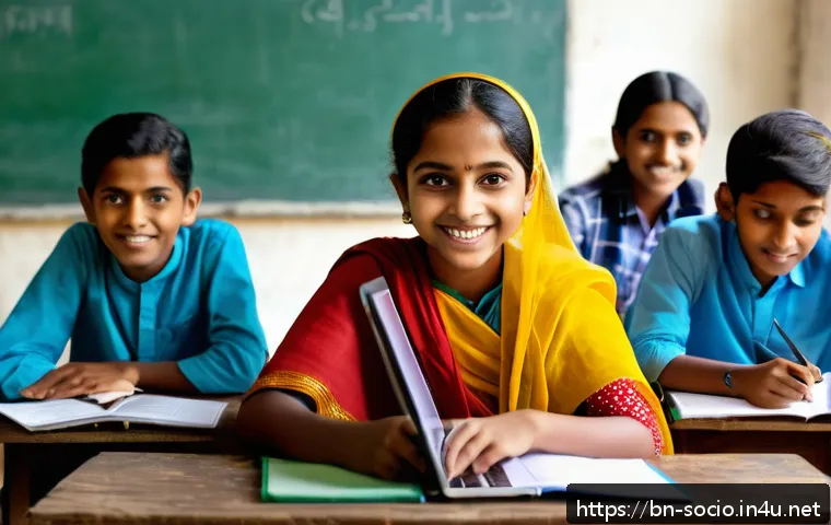 사회적 이동과 경제 구조 - A vibrant digital classroom scene set in Bangladesh, featuring young Bengali students engaged in onl...