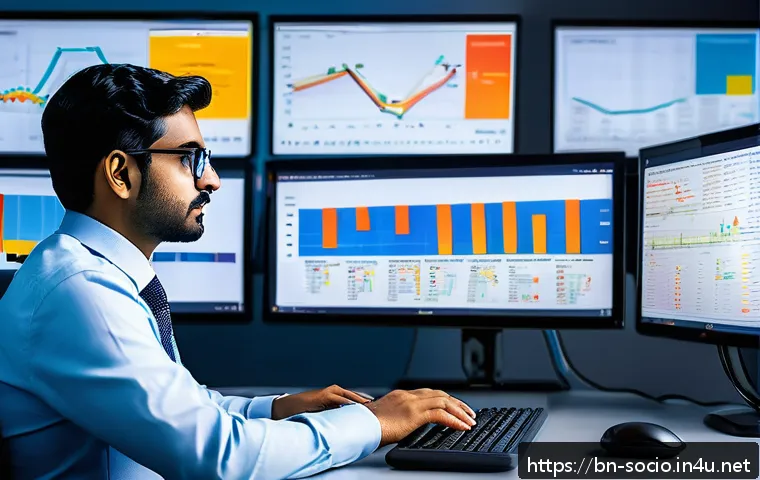 빅데이터와 사회연구 - A detailed digital illustration of a data analyst working with big data from Bengali social media pl...