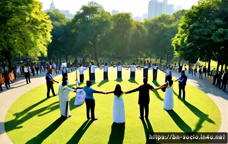 사회적 운동과 글로벌 연대 - Photorealistic wide-angle scene of a peaceful global solidarity gathering in a sunlit public park, d...